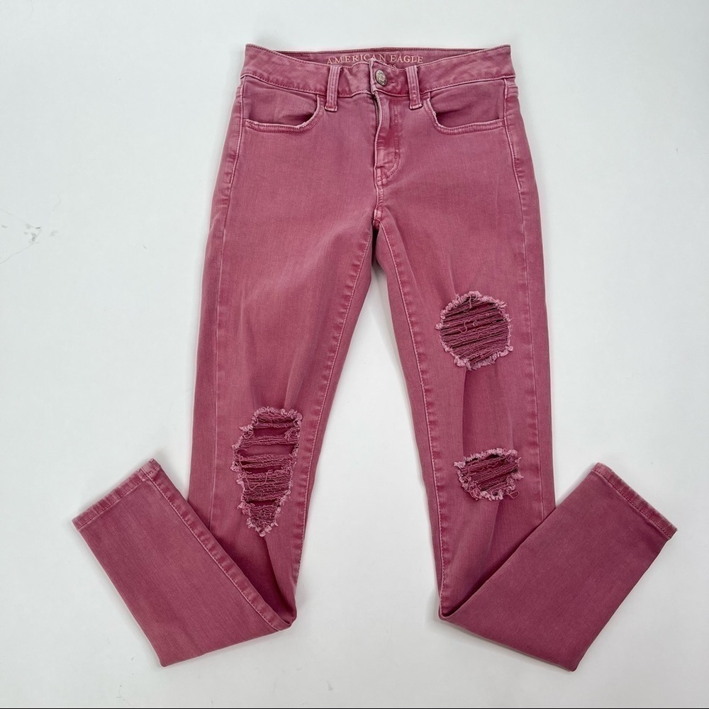 American EAGLE Pink Distressed Next Level Stretch Midrise Jegging Skinny Jeans